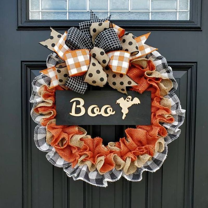 Maison & Jardin 2024 Nouvelle Couronne BOO Ornements de Porte Ruban en Tissu de Vacances Panneau en Bois Accessoires de Décoration d'Atmosphère_voghion.com