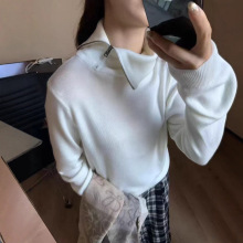 2025韩系设计感侧拉链翻领针织衫女冬季穿搭修身毛衣打底内搭上衣