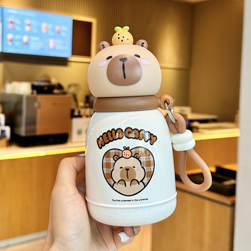 卡皮巴拉保温杯可爱儿童吸管杯上学专用316不锈钢防摔斜跨大肚杯|undefined