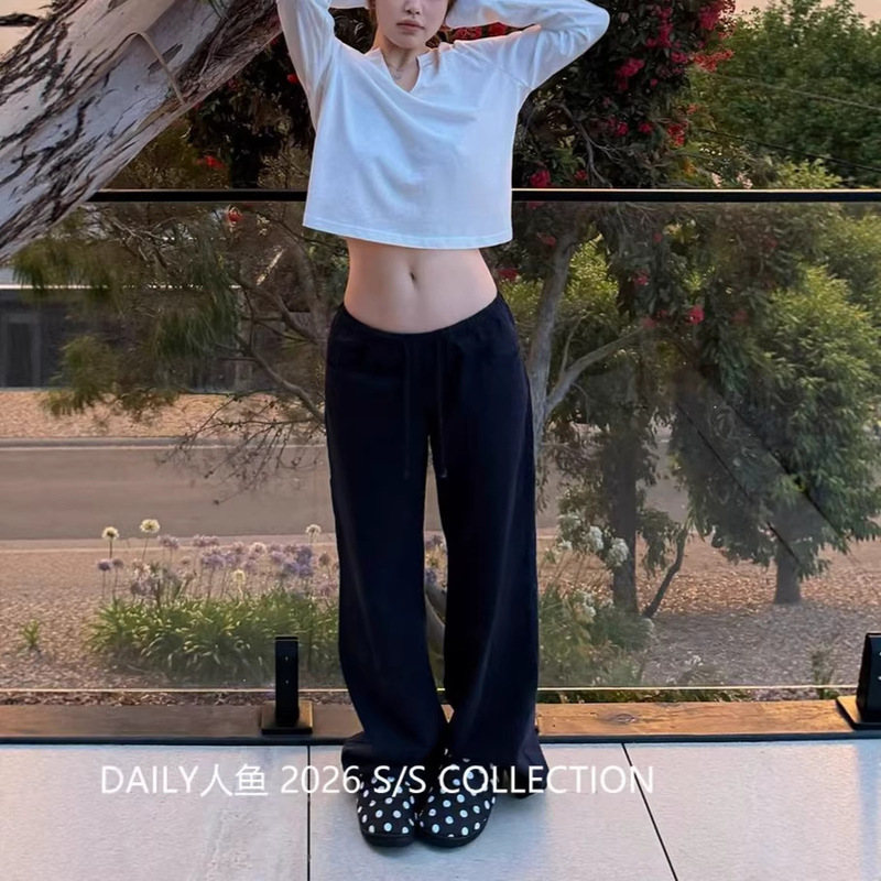 Cookadaiy American-Style Workwear Drawstring Waist Low-Rise Narrow-Leg Casual Pants Straight-Leg Pants Women's Skin-Friendly Cookadaiy American-Style Workwear Drawstring Waist Low-Rise Narrow-Leg Casual Pants Straight-Leg Pants Women's Skin-Friendly