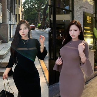 佳佳【秋信雾时】微胖大码长袖修身连衣裙秋季裙子网纱镂空包臀裙