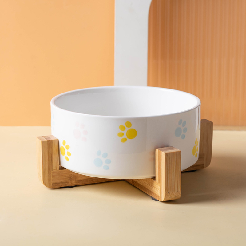 Cuenco de gato de cerámica personalizado cuenco de agua para gatos cuenco de grano protector cuello antideslizante marco de madera cuenco de perro de pies altos cuenco de agua potable cuenco de mascotas