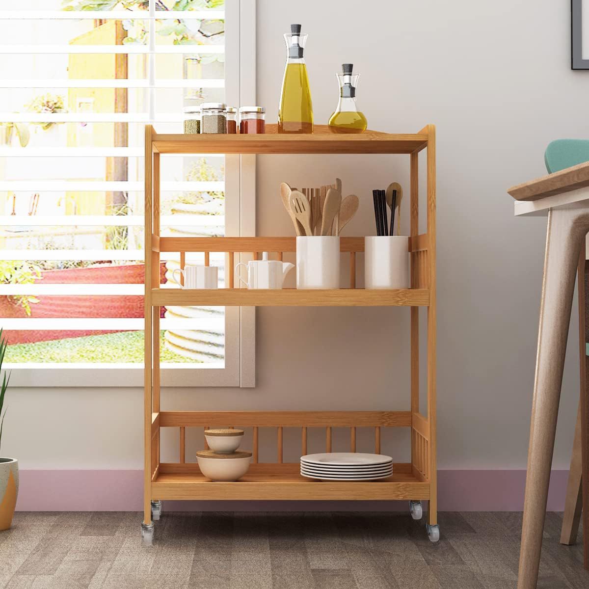 Service Cart with 3-Tier Bamboo Shelves and Wheels, Suitable for Hotel Bathrooms and Restaurants