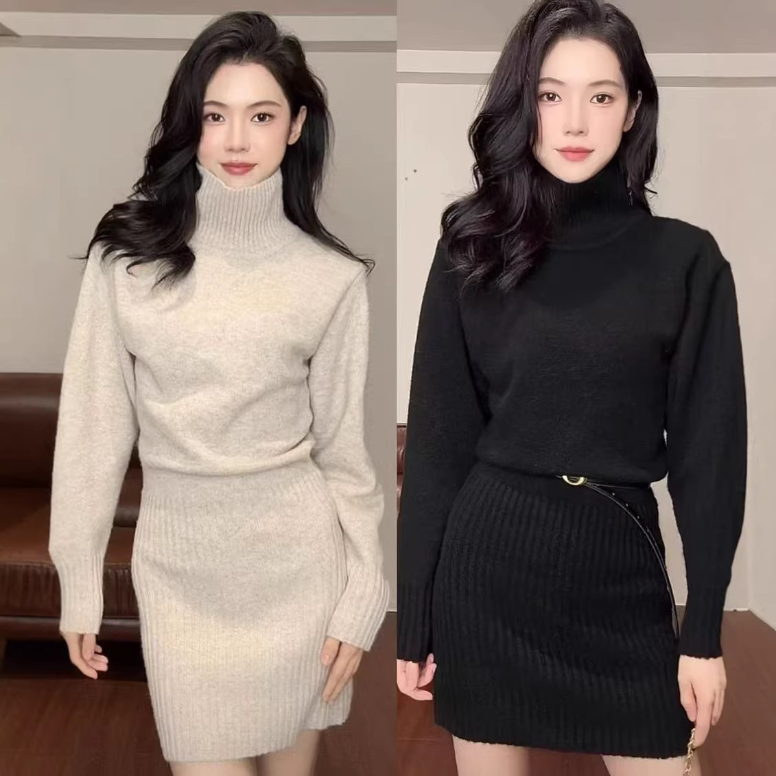 여성 가을 겨울 슬림핏 니트 원피스 하이넥 긴팔 하객룩 코트 이너 미디원