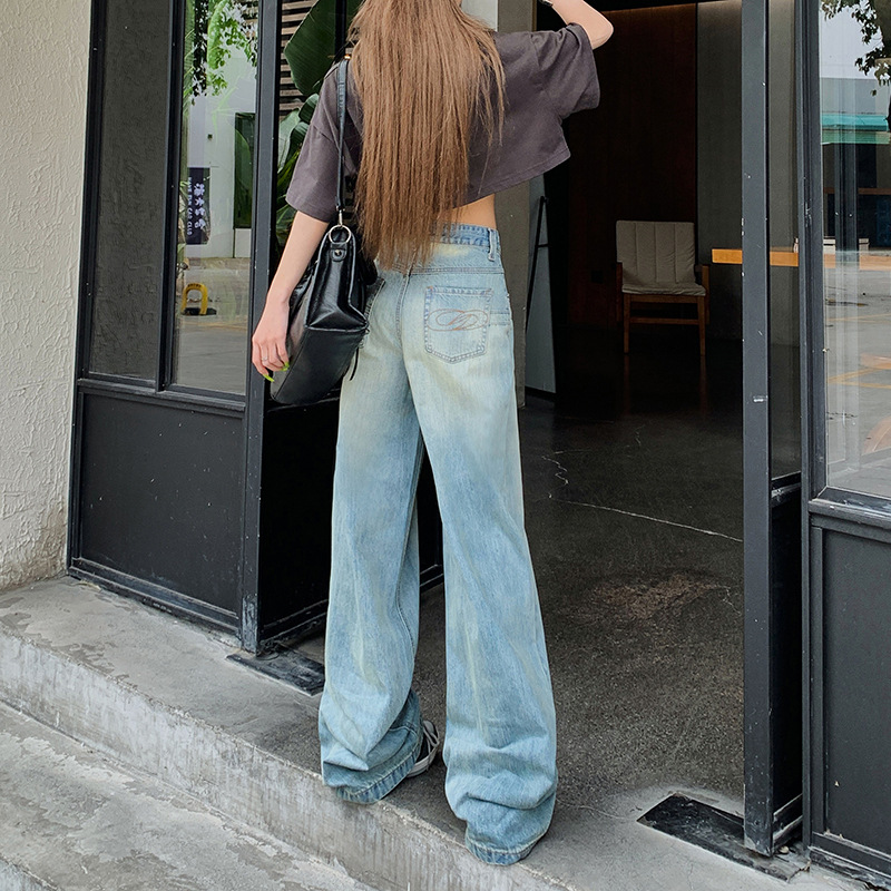 젊은 오렌지  수 놓은 뒷 주머니 디자인 넓은 다리 청바지 여성용 느슨한 슬림 핏 유행 올 매치 바지