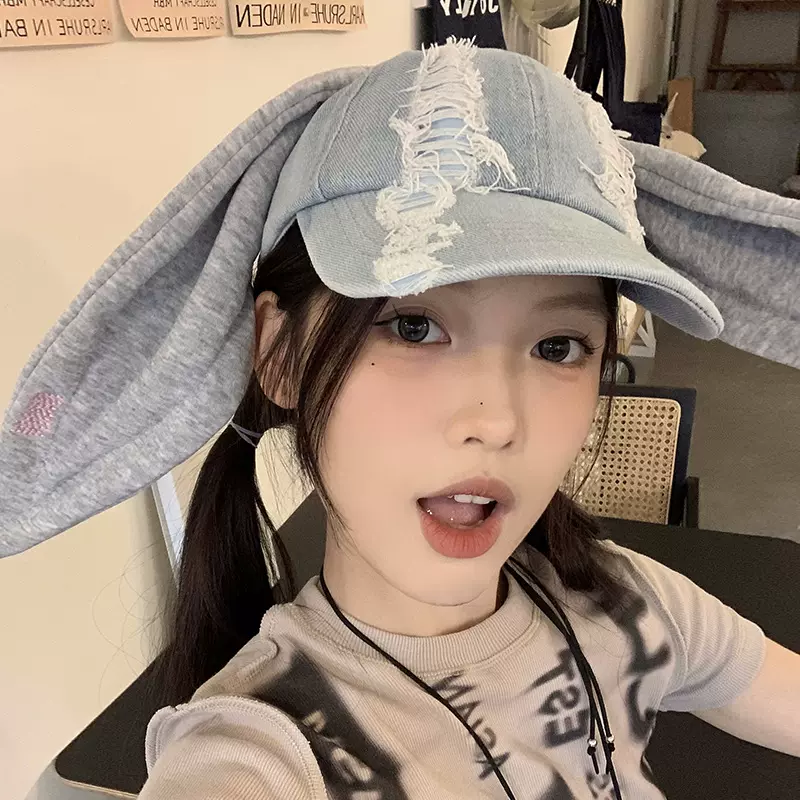 韩国newjeans同款兔耳朵鸭舌帽女跨境水洗牛仔破洞嘻哈棒球帽子潮