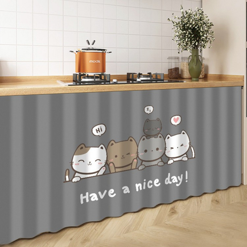 Kitchen cabinet door curtain with sliding track, no-drill fabric curtain for cabinet without doors, dust-proof cover-up curtain for concealing clutter