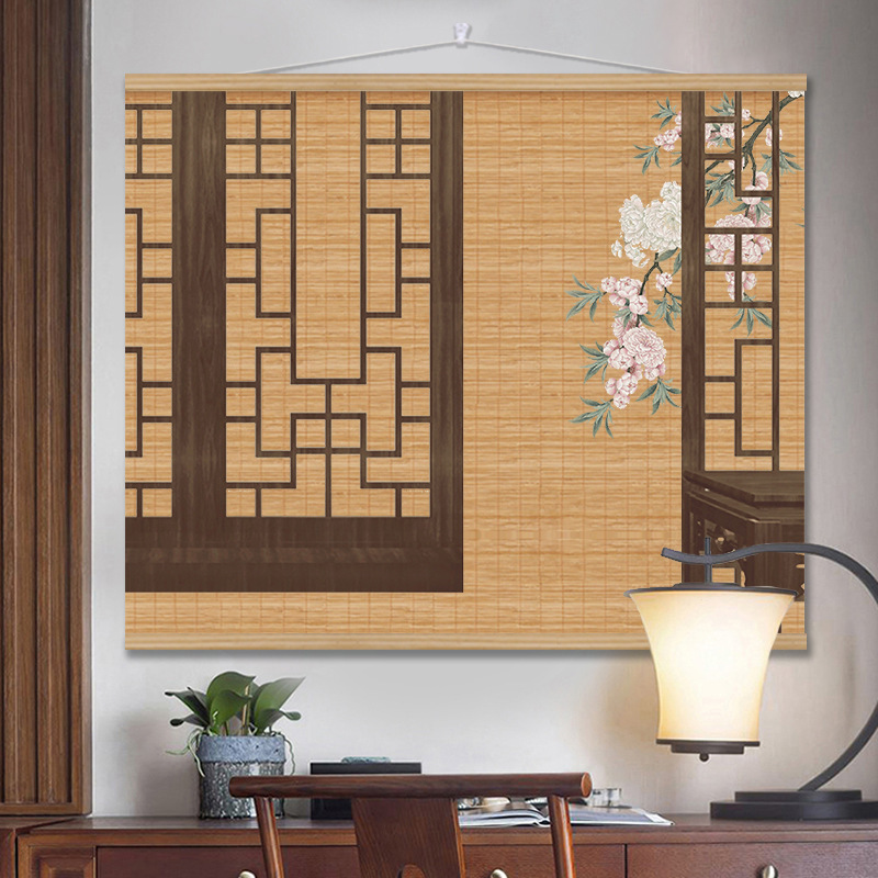 中式复古风大尺寸竹帘挂画茶室客厅卷轴装饰画卧室玄关禅意背景画|undefined