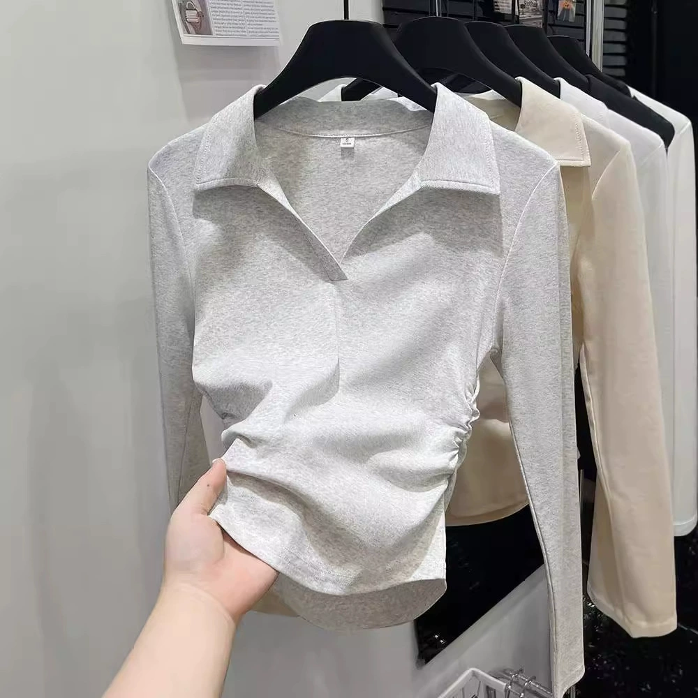 2024 осень новый POLO отворот t футболка с длинными рукавами тонкая топочка серая рубашка с положительным плечом