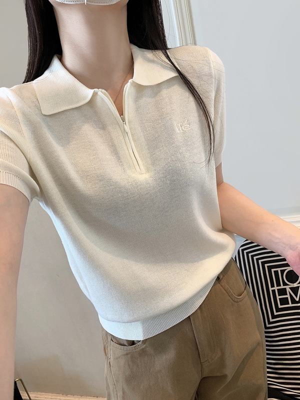 绵羊毛针织短袖女2025新款秋季女装时尚POLO领半拉链打底衫上衣女|undefined