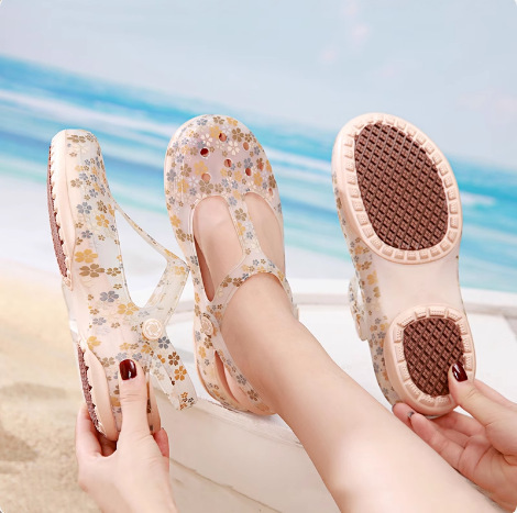{Enhanced Anti-Slip Sole} Women's Hole Shoes Summer New All-Match Korean Style Flat Pregnant Women's Printed Jelly Beach Sandals