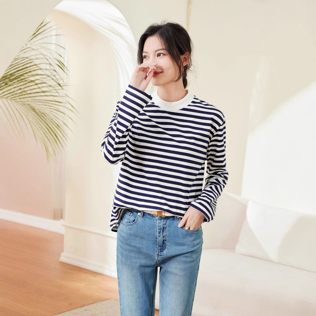 2023 nueva suelta interior superior otoño algodón espíritu mar camisa casual cuello redondo manga larga azul marino blanco rayas camiseta image 5