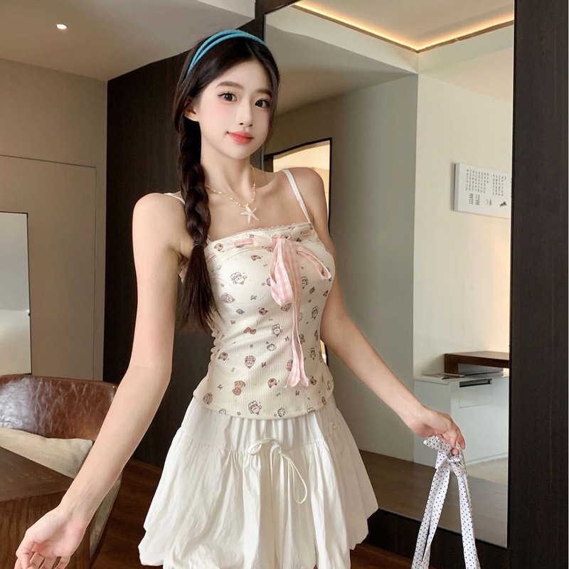 66029#夏季新款蕾丝花边背心甜美少女蝴蝶结短款美背吊带上衣女|undefined