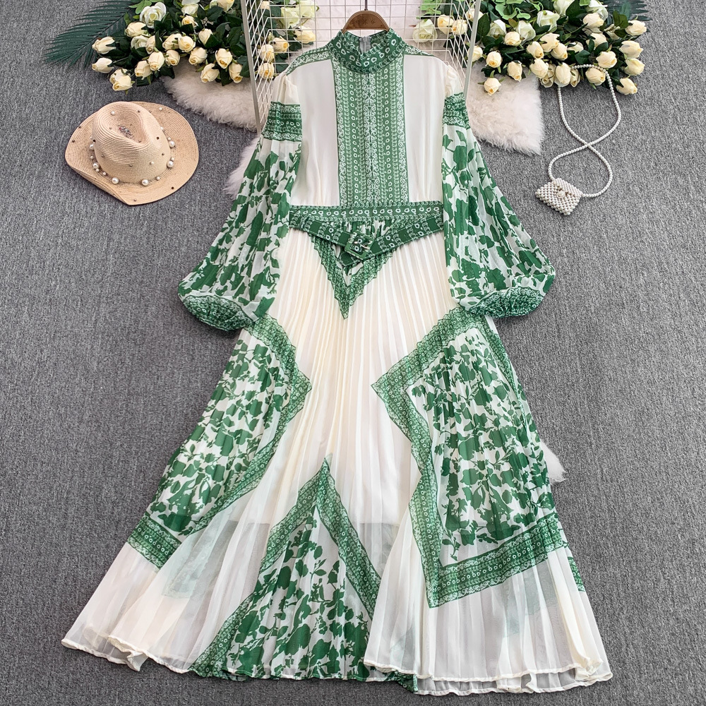 Retro Printed Dress With Stand Collar And Lantern Sleeves_voghion.com