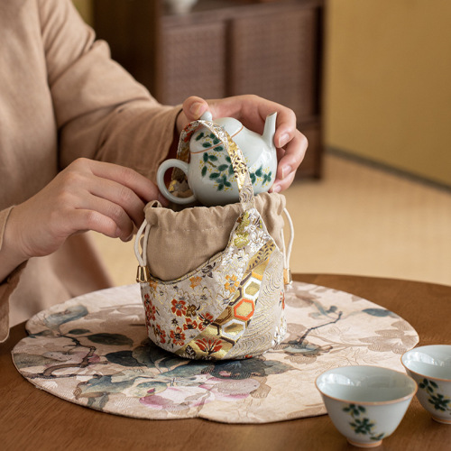 Cotton and Linen Bag Tea Pot Bag Express Cup Bag, Set of Pot and Cup, Portable Travel Storage Bag, New Chinese Style Pink