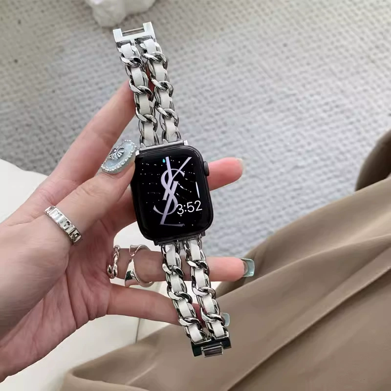 Стильный двурядный браслет из смешанной кожи с цепью для Apple Watch - универсционный металлический дизайн цепи