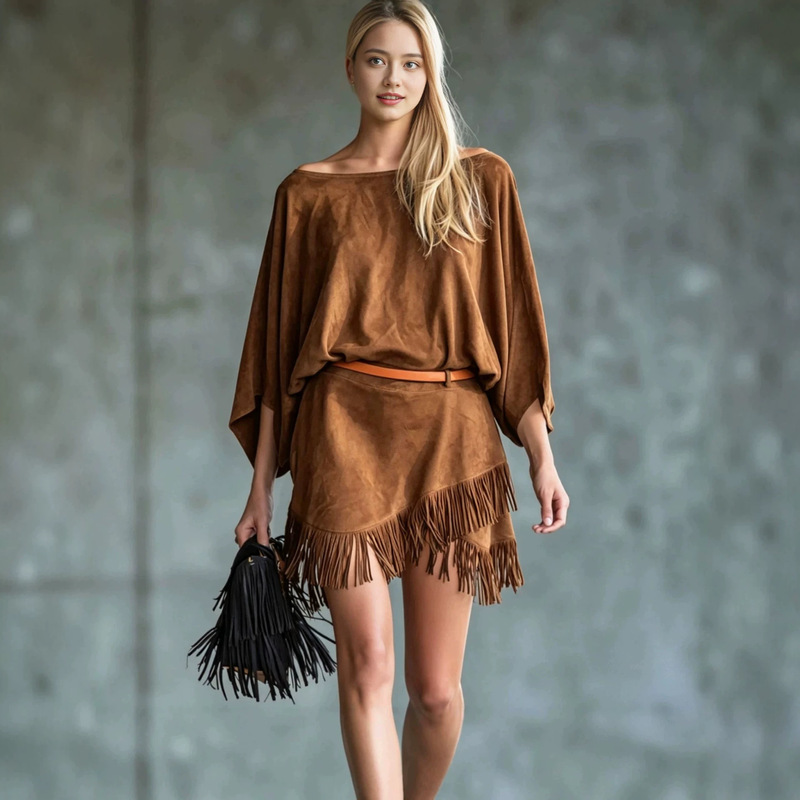 2026 Amazon Independent Station Western Style New One-Shoulder Batwing Sleeve Hem Tassel Women's Dress