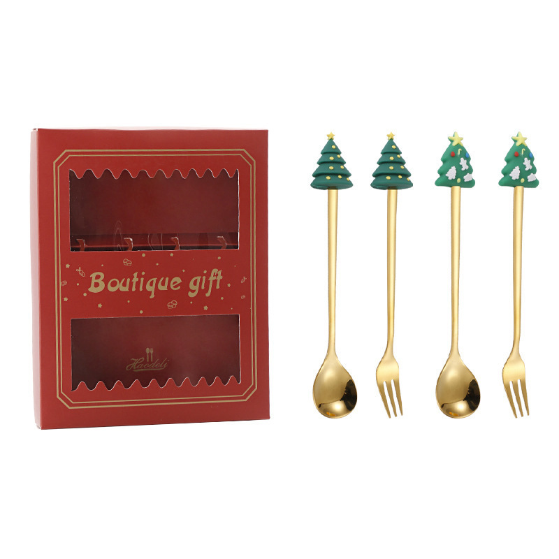 クリスマススプーンセット クリスマス食器ギフト2点セット デザートスプーンとフォーク サンタクロースとトナカイのフィギュア付きスプーン|undefined