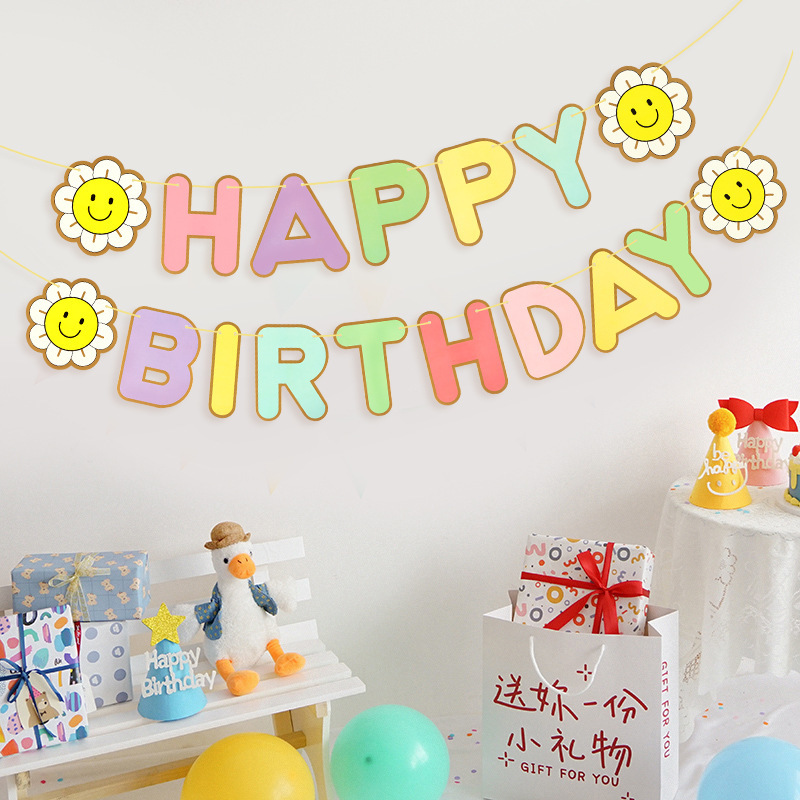 Sunflower pequeña margarita dibujo de bandera de cumpleaños macaron dibujo de bandera de papel dibujo de flores decoración de cumpleaños de bandera de dibujo de bandera