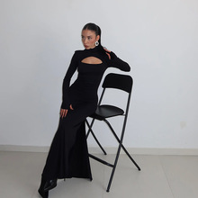 速卖通跨境欧美2024女装秋冬新款时尚气质高领长袖镂空开叉连衣裙