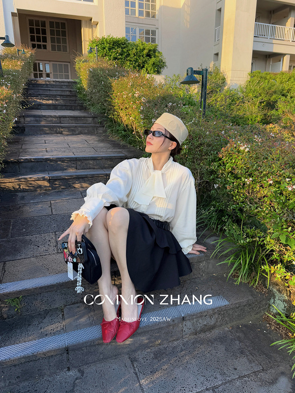 CZ ZHANG秋季法式气质文艺纯色花边拼接条纹围巾领天丝衬衫B33271|undefined