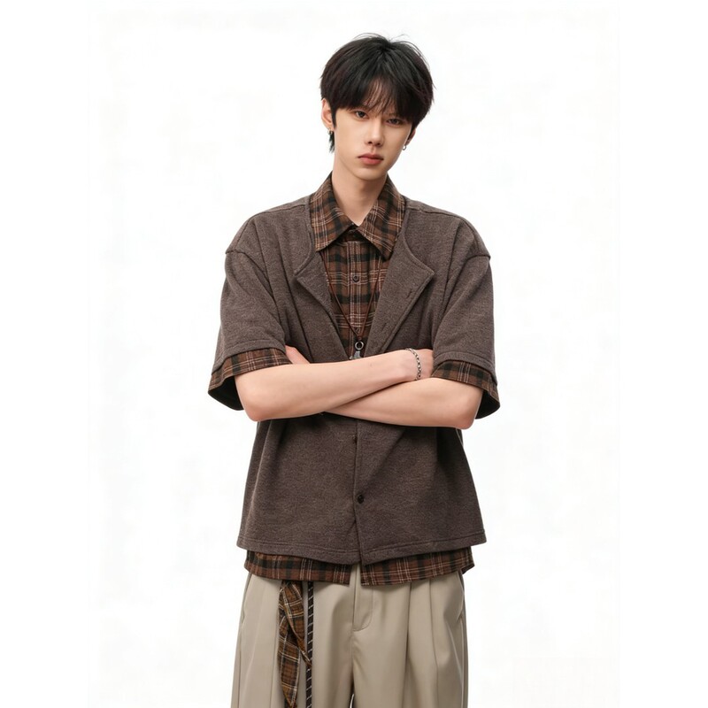 2026 Melard Coffee-Colored Plaid Patchwork Short-Sleeve Shirt for Men, New Spring/Summer Japanese Style Fake Two-Piece Shirt Jacket Trendy