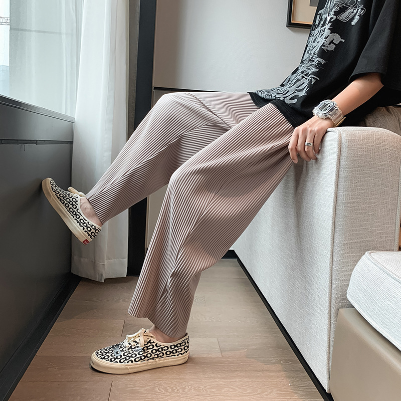 Pleated Draping Wide Leg Casual Pants Men's Summer Thin Korean-style Trendy Loose Straight Solid Color Cropped Sports Pants Pleated Draping Wide Leg Casual Pants Men's Summer Thin Korean-style Trendy Loose Straight Solid Color Cropped Sports Pants