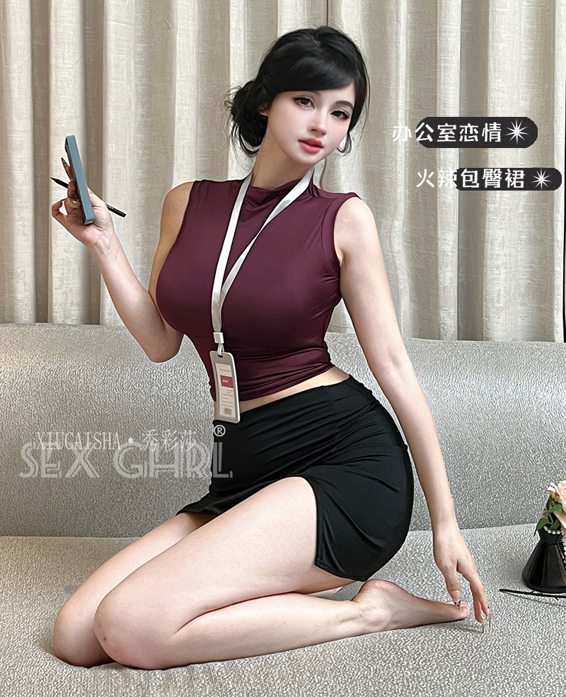 See-Through Secretary Uniform Lingerie Set with Miniskirt, Badge, Thong and Open-Crotch Stockings — detail image 16