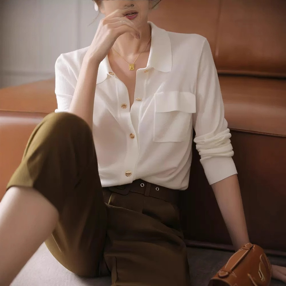 홍콩 쌀 2025 통근 직장 CP 셔츠 화이트 스웨터 카디건 여성용 옷깃 우아한 틈새 니트 셔츠