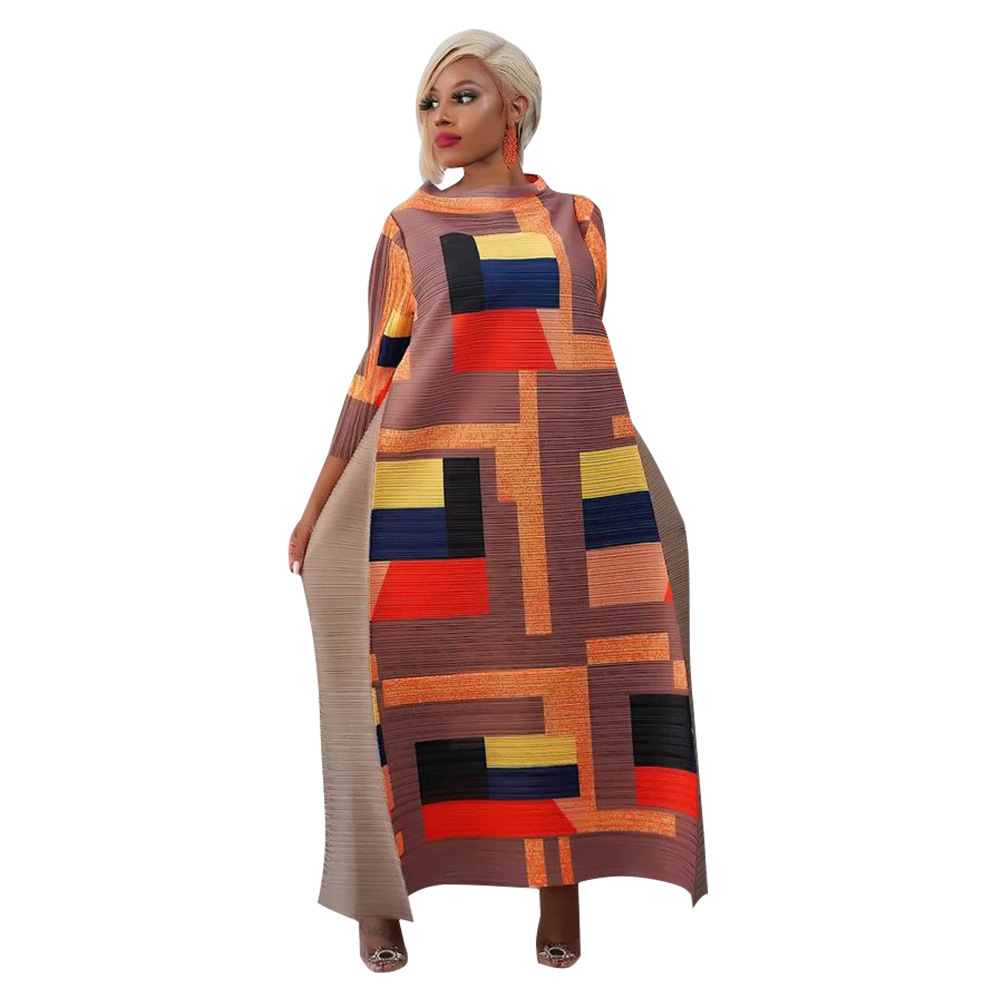 K10500 ropa de mujer de moda transfronteriza europea y americana miyake popular cuello redondo impreso vestido plisado nuevo image 13