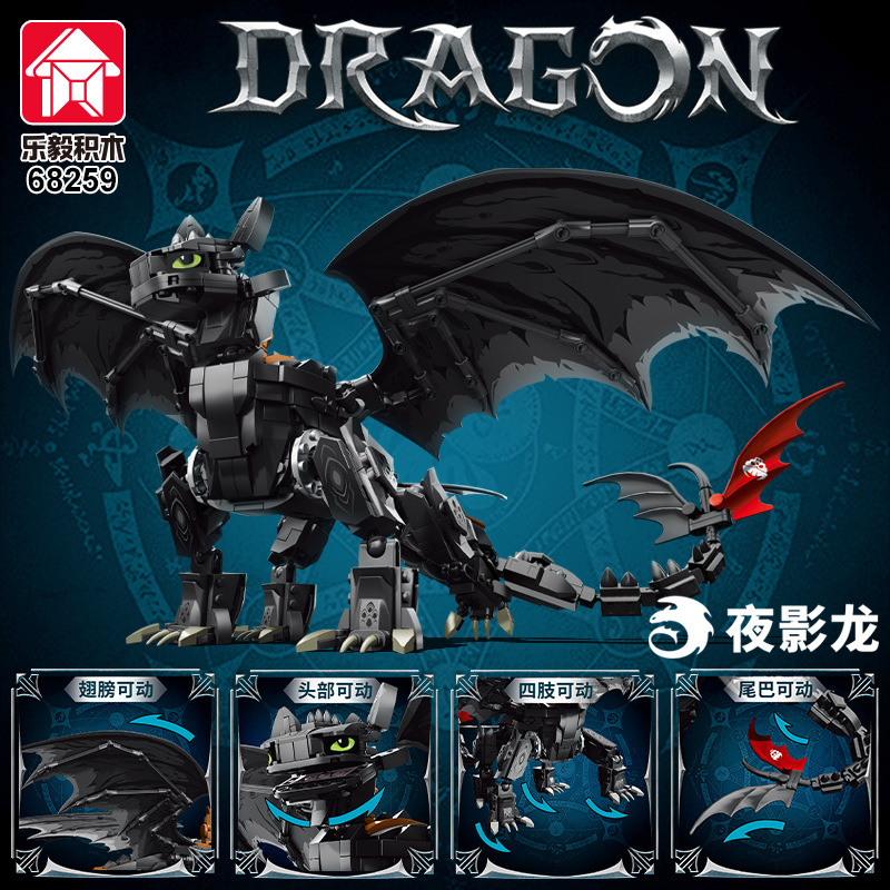 Le Yi 68259 Domesticando el dragón de la sombra nocturna, el modelo de dinosaurio negro y blanco, compatible con los juguetes de Lego para niños transfronterizos