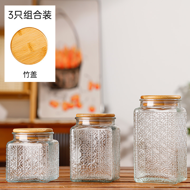Hogar vintage Begonia flor realzada snack caramelo almacenamiento tarro bambú cubierta americana cocina transparente vidrio sellado frasco