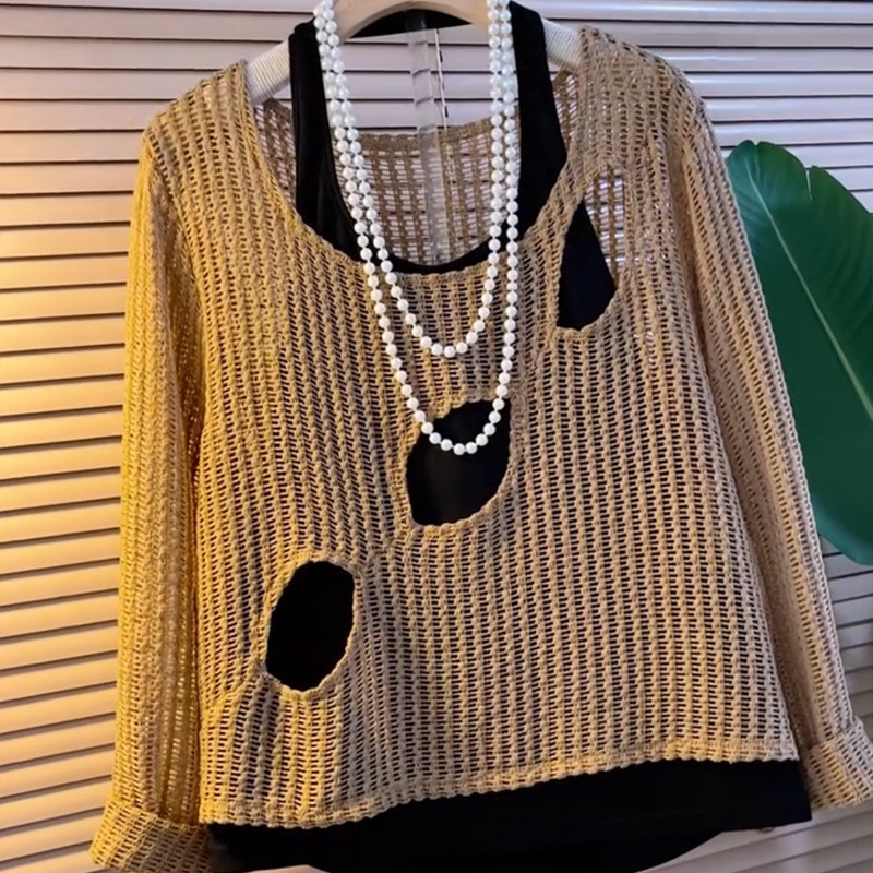 플러스 사이즈 유럽 패션 서양식 여성 디자인 슬링 할로우 니트 이른 가을 벨리 커버링을위한 새로운 올 매치 탑