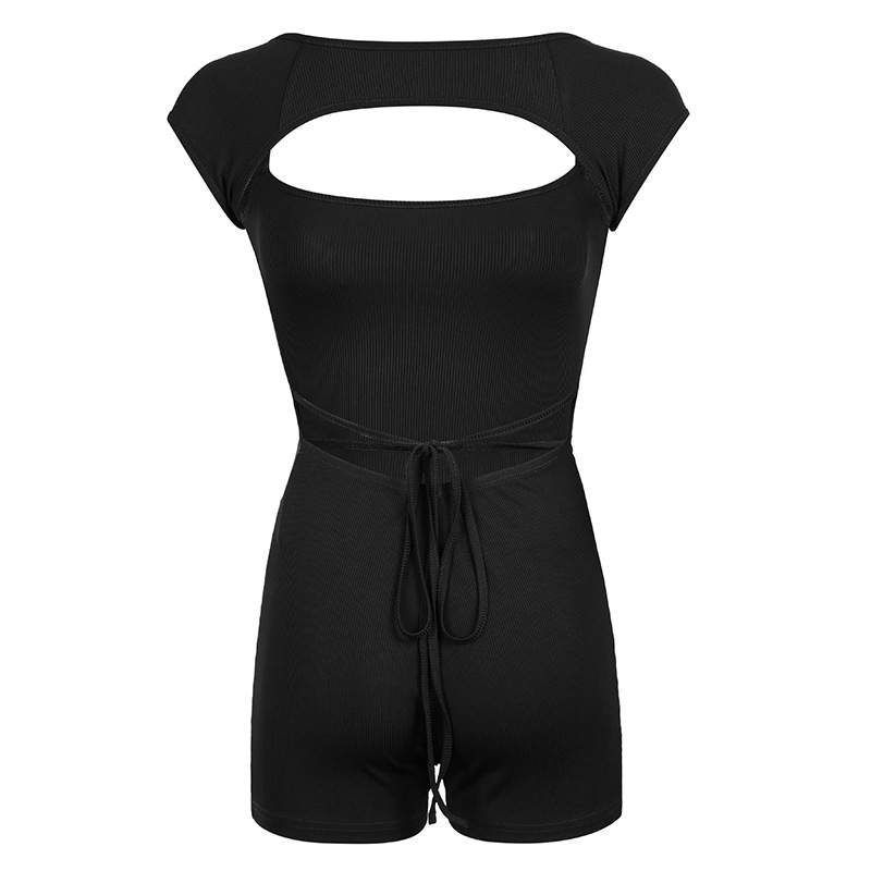 Sports Women Clothing Solid Color Hollow Out Cutout Backless Lace up Jumpsuit Sexy Sheath One Piece Top Shorts Outer Wear