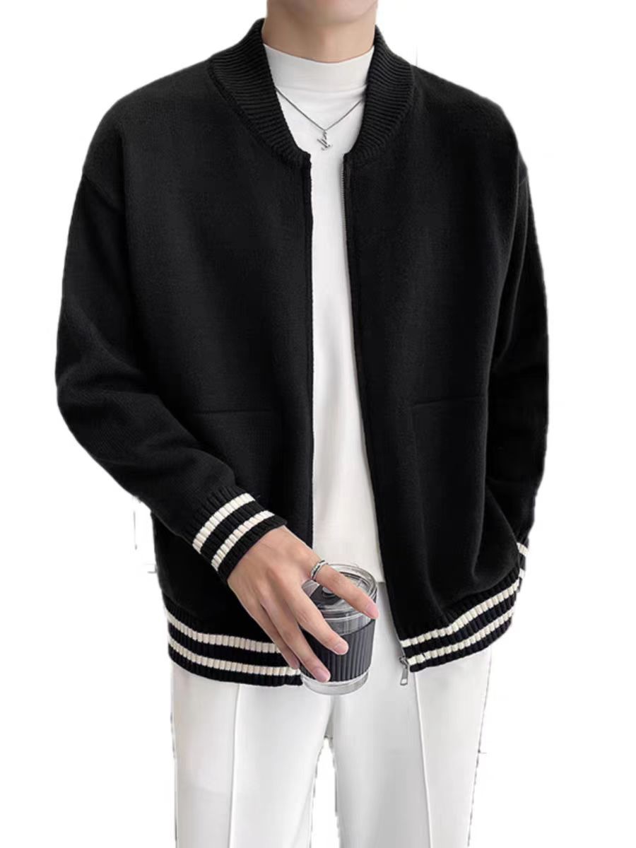 Cardigan da uomo a righe con zip per autunno inverno_voghion.com