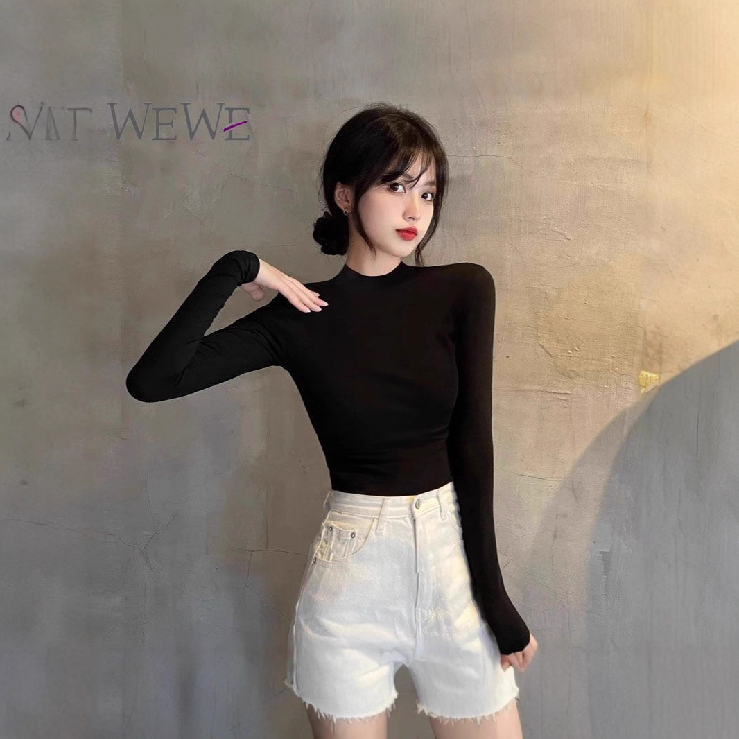 American Hot Girl Half Turtleneck Right Shoulder Long-Sleeved T-Shirt for Women in Autumn and Winter with Waist Slimming Look German Velvet Warm Bottoming Top