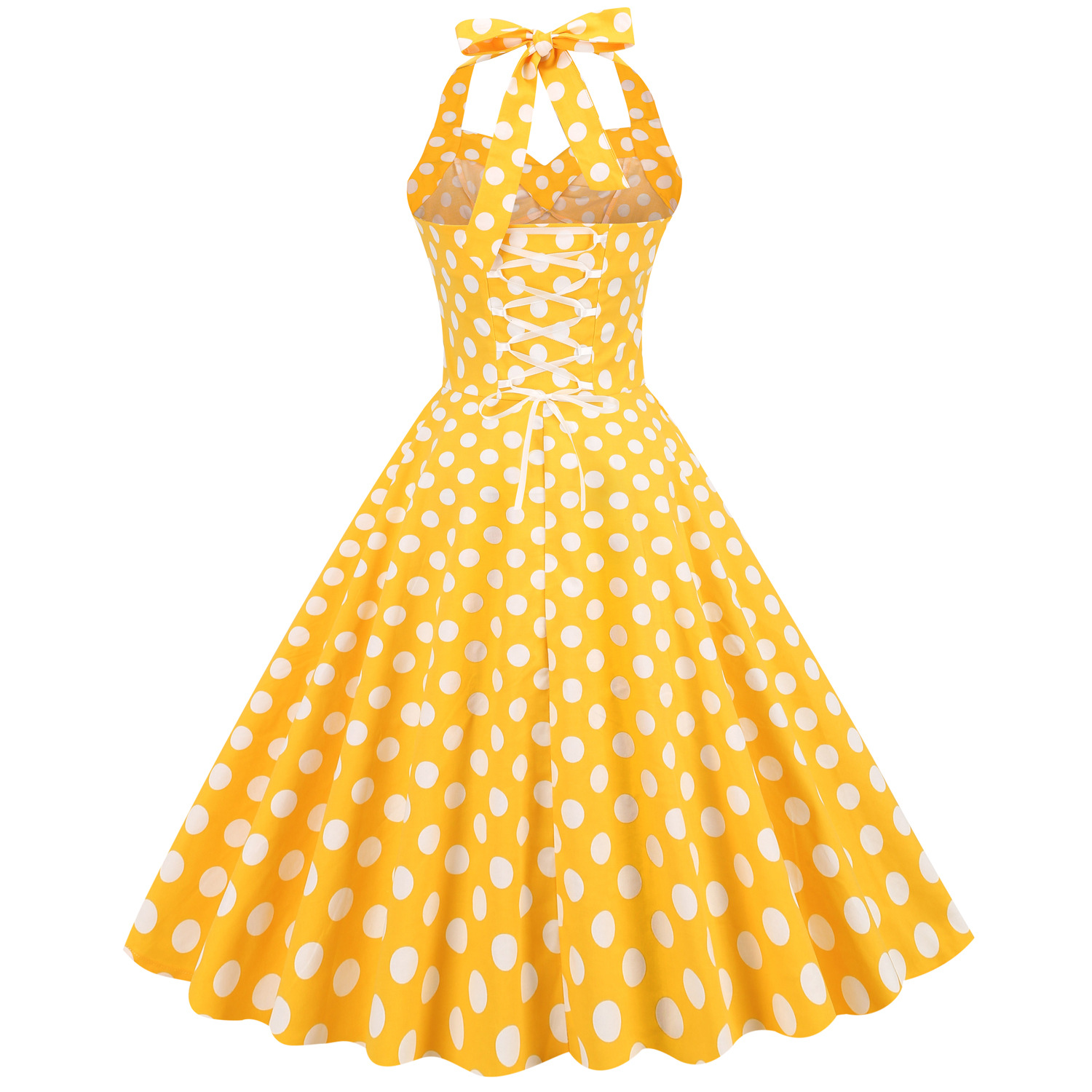 Robe vintage style Hepburn, taille haute cintrée, imprimée, col halter, dos nu, jupe ample_voghion.com