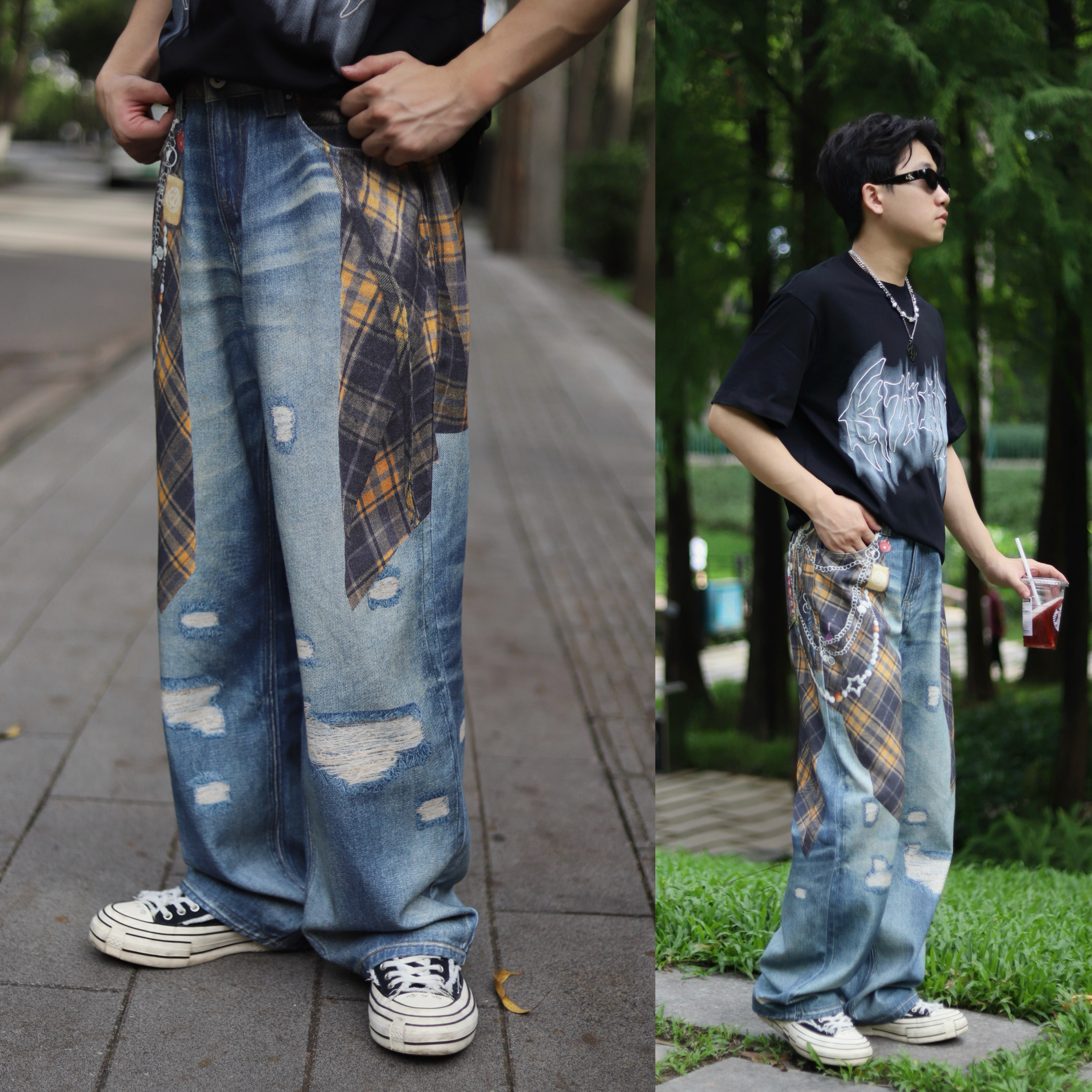 Herrenbekleidung Retro Patchwork 3D Design Karohemd Bedruckte Jeans Amerikanischer Trend Freizeithose mit geradem Bein Lockere Passform Für Männer und Frauen_voghion.com