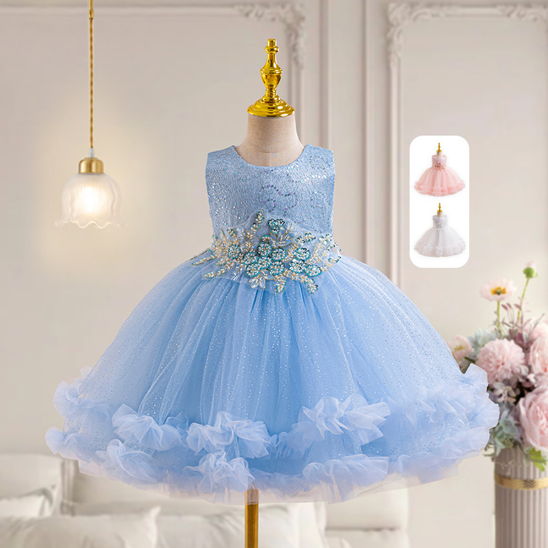 2024 New Evening Gown Puffed Wedding Dress Child Flower Girl Maid of Honor Tiered Net Fabric Fringe Girls' Princess Dress