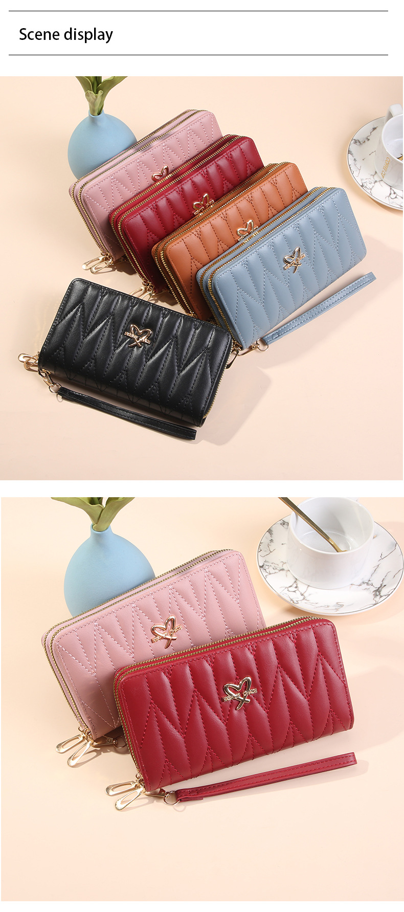 165g Weight Polyester Lining Material Zipper Closure Type Long Wallets Bags Type 1 Piece Quantity Daily Occasion Pu Leather Material Heart Shape, Solid Color Pattern All Seasons Season Women's Gender Simple Style Style Square Shape Women's Heart Shape Solid Color Pu Leather Zipper Long Wallets 9