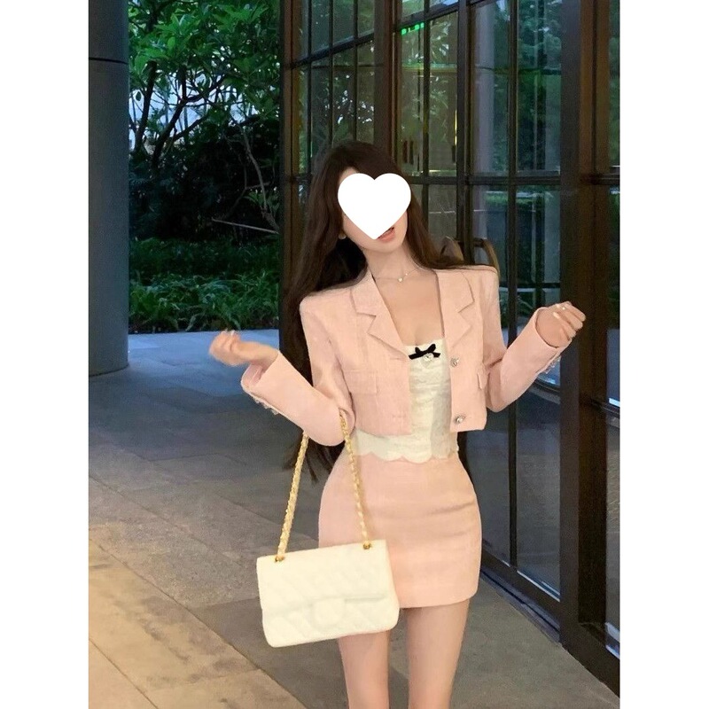 Chanel-Style Elegant Ladylike Outfit for Women, Pink Blazer Short Jacket, Hip-Hugging Short Skirt, New Autumn Two-Piece Set