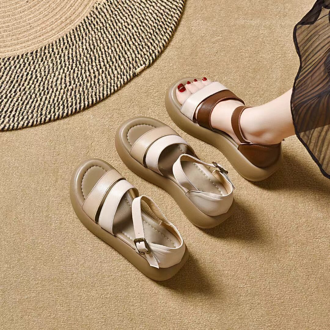 Sandal nữ hở mũi đế xuồng cao gót quai ngang phong cách La Mã — màu nâu
