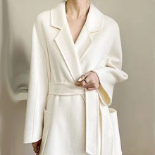白色双面80%羊绒大衣女秋冬高端中长款水波纹羊毛毛呢外套风衣