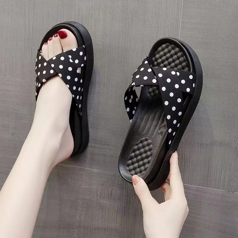 Slippers for Women, Summer Beach Wear, Fashionable and Versatile Cross Polka Dot Comfortable Thick-Soled Home Indoor and Outdoor Sandals