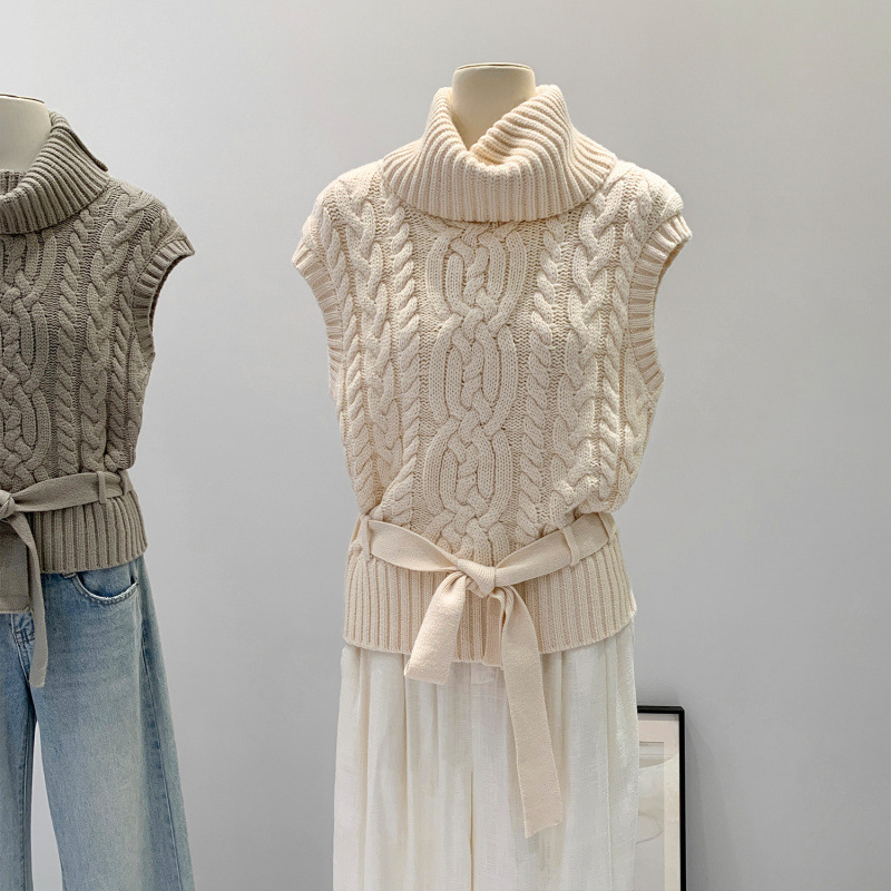 European Style Cable Knit Turtleneck Sweater Vest for Women, Autumn and Winter 2025 New Layered Lace-Up Waist-Cinching Knitted Top