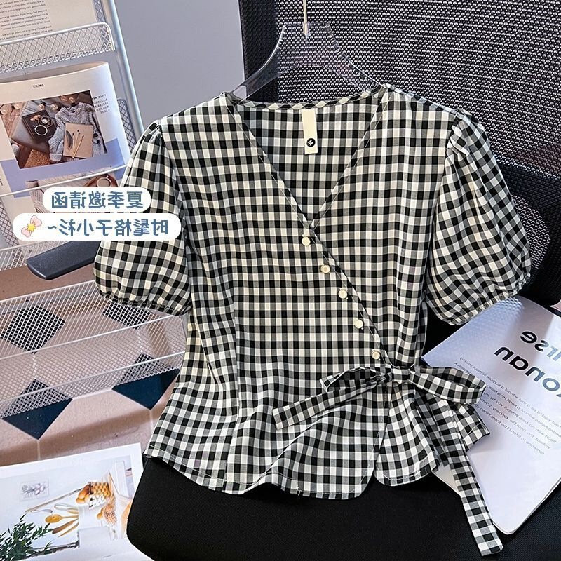 Plus-Size French-Style Summer New Design Puff-Sleeve Tie-Waist Short-Sleeve Stylish Plaid Shirt Top