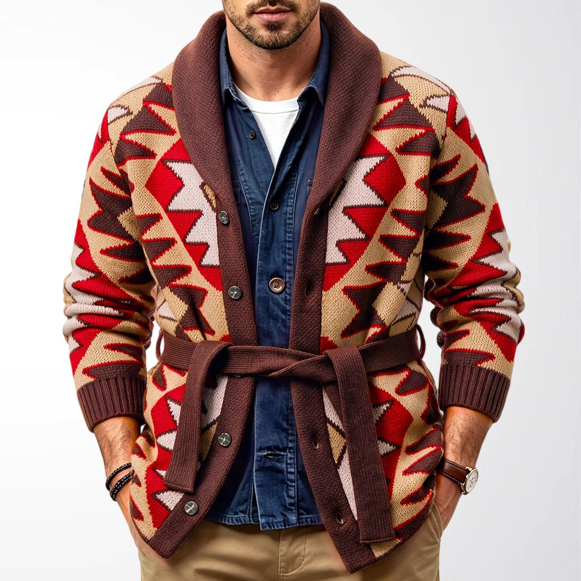 Cárdigan de Punto Jacquard para Hombre, Poliéster, Abrigado, Engrosado, Lavable a Máquina, para Ocio