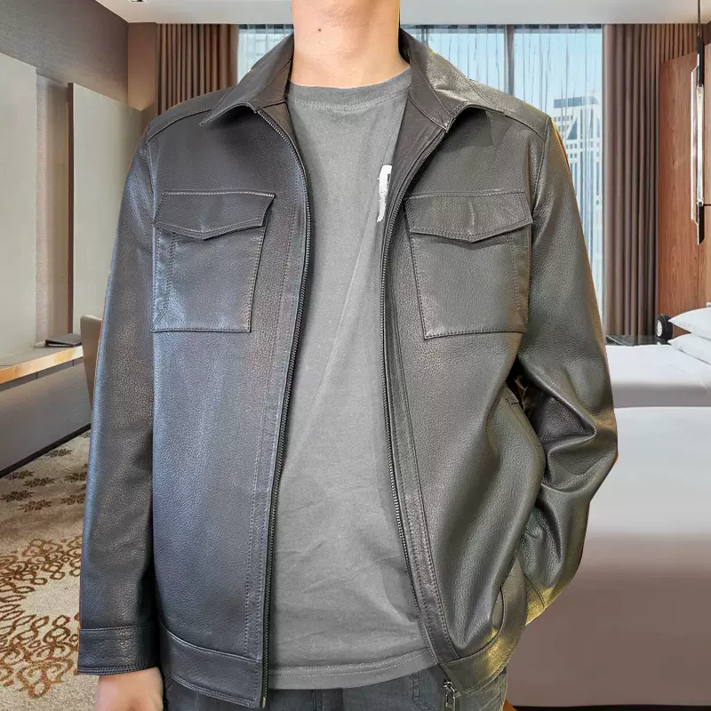柔软高档黑色男皮衣头层绵羊皮翻领休闲简约商务尼克服外套