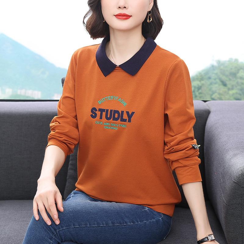 Lapel Pure Cotton Sweatshirt Women's Long-Sleeved Autum 2025 New Loose Letter Top Factory Direct Sales Foreign Trade Wholesale