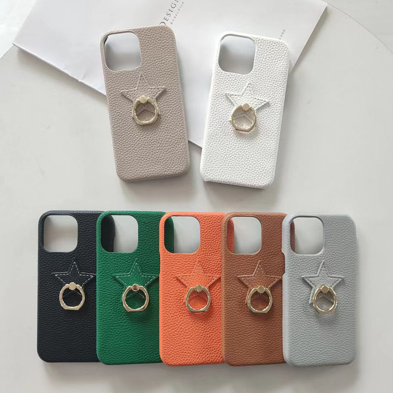 Litchi Pattern 15/16E Apple Phone Case with Five-pointed Star Ring 16Pro Max Bracket 16Pro Phone Case